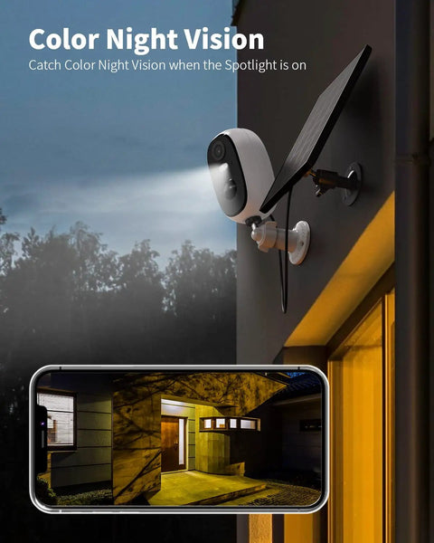 Outdoor Wireless Security Camera With 2K Color Night Vision Solar Powered Spotlight And Wi Fi PIR Motion Sensor And Two Way Talk mounted outside
