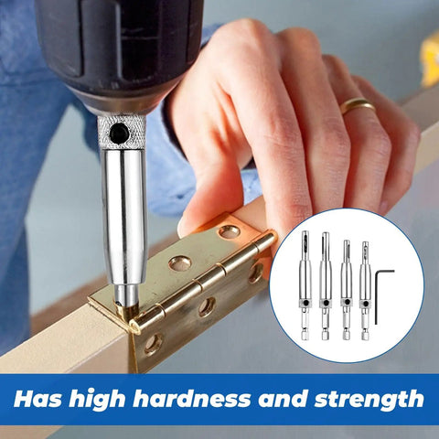 Dead On Self Centering Hinge Drill Bit Set For Doors And Cabinets With Spring Loaded Guide setup on a brass hinge with drill.