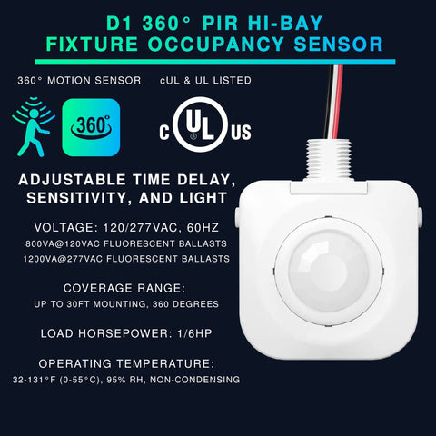 Ceiling Occupancy Motion Sensor For High Bay Lights 360 Degree Coverage 120 To 277 VAC Hard Wired UL Listed front view