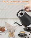 Pouring gooseneck electric kettle with built-in thermometer 0.8L 1200W fast heat for coffee and tea, auto shut off, stainless steel.