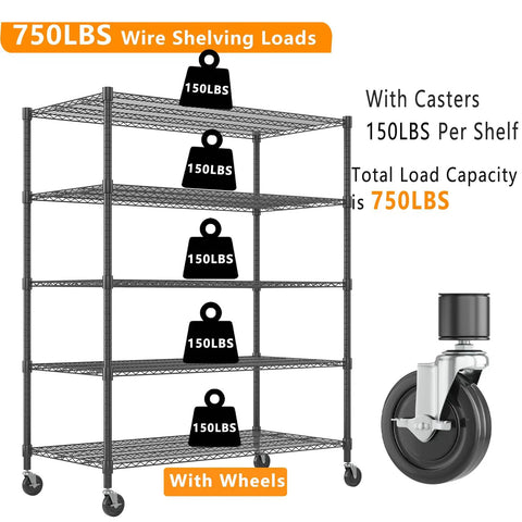 Five Tier Wire Shelving With Wheels Heavy Duty Height Adjustable Metal Storage Rack Commercial Grade Steel with load capacity details