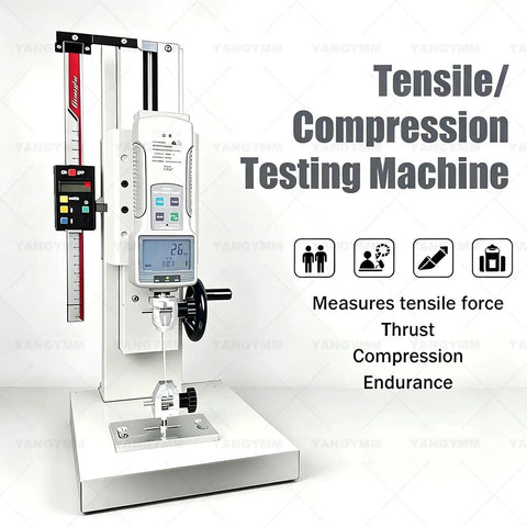 Top Tier Desktop Push Pull Gauge Digital Force Tester Kit With Ruler And Five Swappable Probes For Smooth Tensile And Compression Testing On Fishing Lines Ropes And Steel Cable displayed in white color with a digital readout.