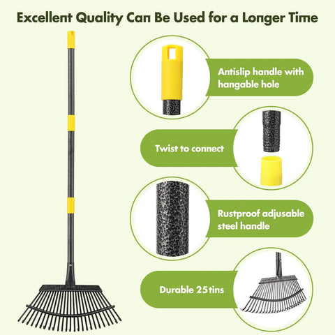 Heavy Duty Leaf Rake For Lawns And Yards With 65 Inch Adjustable Handle And 18 Inch Wide Head 25 Metal Tines A Real Tough Garden Rake