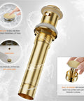 Brushed Gold 4 Inch Centerset Lead Free Bathroom Faucet With Two Handles Dope Swivel Spout Copper Pop Up Drain And Two Water Supply Lines For Easy Install And Clean Look showing gold pop up drain mechanism.
