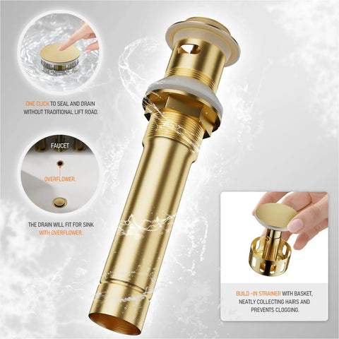 Brushed Gold 4 Inch Centerset Lead Free Bathroom Faucet With Two Handles Dope Swivel Spout Copper Pop Up Drain And Two Water Supply Lines For Easy Install And Clean Look showing gold pop up drain mechanism.