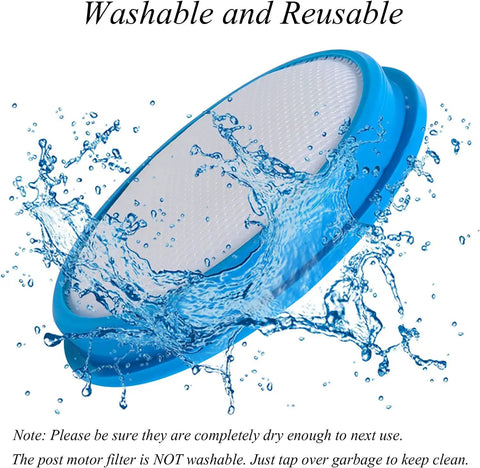 Round Washable Vacuum Filter For React Whole Home And Fusion Cordless Vacuums with water splash illustrating reusability
