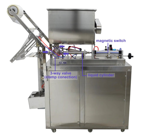 Automatic Liquid Paste Filler And Sealer Machine With Mix Hopper For Sauces And Chunky Salsa Stainless Steel side view with controls