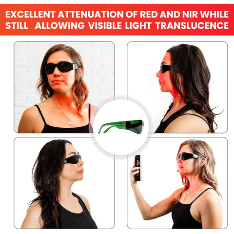 Game Changing Red Light Therapy Glasses Block 600Nm To 900Nm Rays Cut Eye Strain worn by women showing different angles with light.
