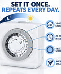 Sturdy Build 24 Hour Mechanical Outlet Timer With Dual Grounded Plugs Making Daily Scheduling Dead Simple And Keeping Indoor Lights And Fans Running Smoothly All Week showing the timer with settings and intervals.