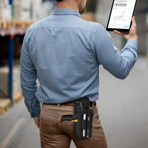 Person wearing Universal Barcode Scanner Holster With Open Face Access, Belt Loop And Clip Attachment, Secure Pouch on belt