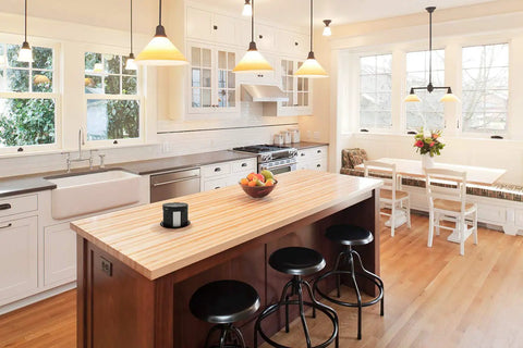 Modern kitchen with Pop Up Countertop Outlet Surge Protector With Retractable Hidden Design 4 AC Outlets 2 USB Ports on island