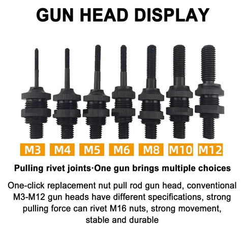 Heavy Duty Pneumatic Rivet Nut Gun Badass Air Tool For Fastening Bolts Includes M3 Through M12 Threads Gun heads display M3 to M12 sizes.