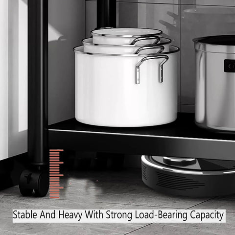 Five Tier Carbon Steel Storage Rack With Smooth Rolling Wheels Heavy Duty Metal Shelving Unit Extra Thick Frame Roomy Organizer For Home Office Pantry Entryway Black with pots on lower shelf.