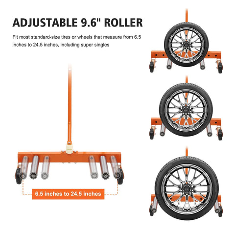 Badass Heavy Duty Tire Wheel Dolly That Swallows Up To 330 Pounds Of Massive Truck Tires Without Breaking A Sweat While Keeping Your Auto Shop Operations Smooth And Reliable with adjustable 9.6" roller for 6.5 to 24.5 inch tires.