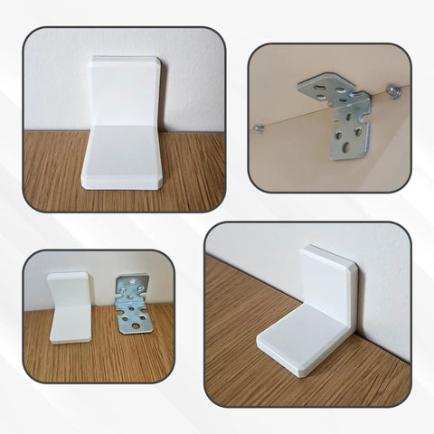 Heavy Duty Stainless Steel L Bracket Pack Of 4 White Shelf Corner Supports With Concealed Plastic Covers for cabinets, showing multiple angles.