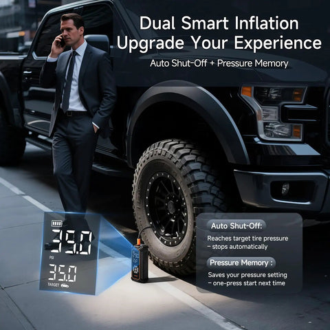 Man standing beside truck with Cordless Tire Inflator Portable Air Compressor. Features auto shut-off and pressure memory display.