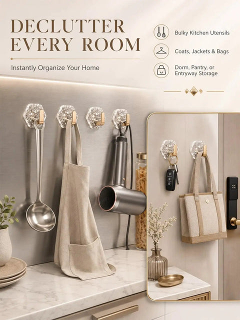 Heavy Duty Adhesive Wall Hooks With Rock Solid Grip, Hexagonal Ripple Texture Built Tough For Towels And Jackets, Mount Flat On Tile Or Glass Without Drilling To Kick Clutter Straight Out The Door. Hooks holding kitchen utensils and bags.