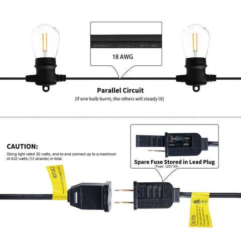Diagram of 2 Pack 48ft Outdoor String Lights Dimmable Shatterproof LED Bulbs Weatherproof For Patio Backyard Party Porch Cafe Bar Garden Camping Cozy Vibe Warm Glow.