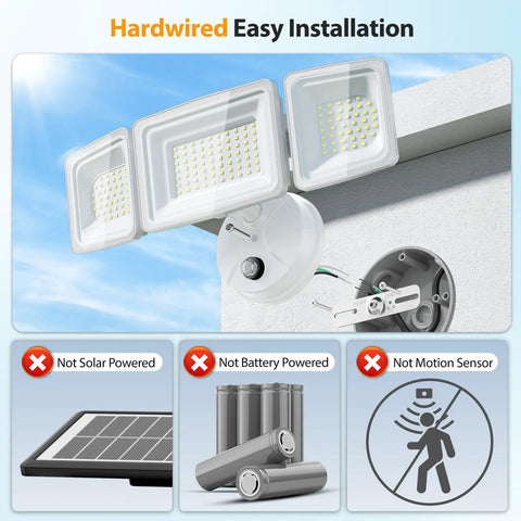 Dusk To Dawn Outdoor Flood Light 130W Led Security Fixture 13000 Lumens Daylight White with hardwired installation details.