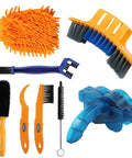 Eight Piece Precision Bicycle Cleaning Tool Kit with Chain Scrubber, Brushes, and Mitt for versatile bike maintenance.
