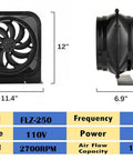 Front and side view of Beefy 10 Inch Inline Duct Exhaust Fan Delivers 1020 CFM With A Copper Motor, dimensions and specs shown