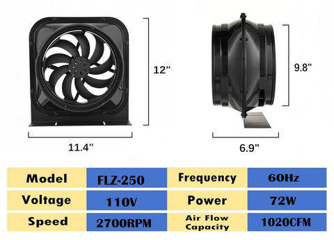 Front and side view of Beefy 10 Inch Inline Duct Exhaust Fan Delivers 1020 CFM With A Copper Motor, dimensions and specs shown