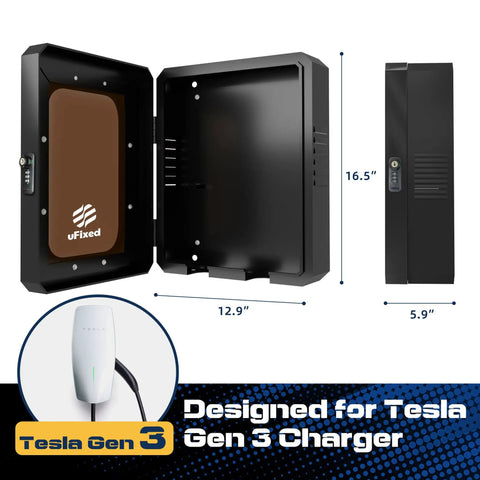 Lockable Outdoor EV Charger Enclosure With Heavy Duty Metal Wall Case For Tesla Connector And ChargePoint Unit in matte black, dimensions shown.
