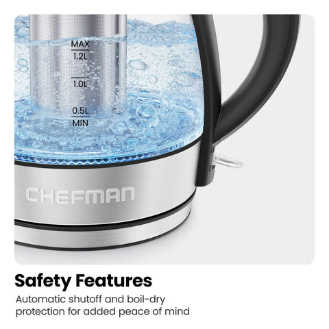 Cordless Glass Electric Kettle With Infuser 1.2L 1500W Fast Boil BPA Free Auto Shut Off displaying water levels and boil indicators