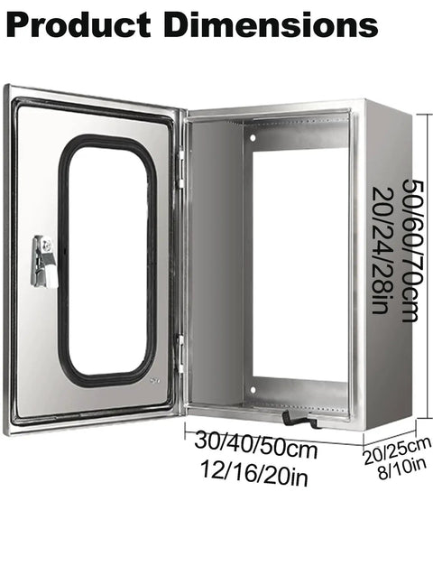 Heavy Duty Outdoor EV Charger Enclosure Wall Box dimensions showing sizes: 30/40/50cm and 50/60/70cm in rugged steel.