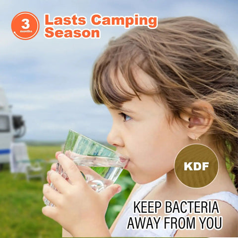 Child drinking clear water with Heavy Duty Inline Water Filter Removes Chlorine And Strange Flavors With Five Layer Filtration.