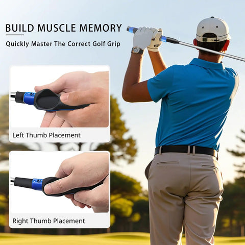 Golfer using Golf Grip Trainer 2 Pack With Swing Correcting Arm Band And Training Aid Instantly Fix Your Hand Position On Any Club