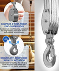 Ultra Compact Rope Hoist With 8 to 1 Lift Upgraded 4 Wheel Block And Tackle System 2200 lb Load Capacity, zinc body and hook