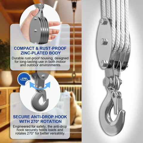 Ultra Compact Rope Hoist With 8 to 1 Lift Upgraded 4 Wheel Block And Tackle System 2200 lb Load Capacity, zinc body and hook