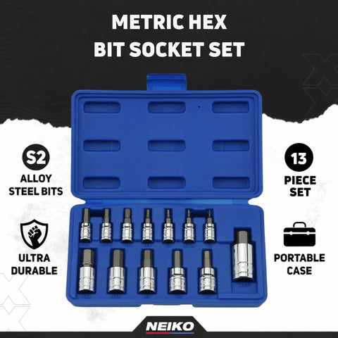Pro Grade Boss Level Socket Set With Allen Wrenches And Torx Bits in blue case, S2 alloy steel, 13-piece metric hex bit set.