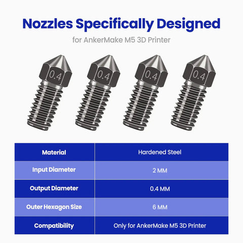 Built Tough Hardened Steel 3D Printer Nozzles 0.4mm Four Pack for AnkerMake M5 with hex head design and precise tips.