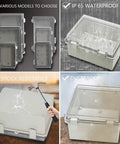 Collage showing Outdoor Waterproof Junction Box, clear cover, IP65 rating, shock resistance, dustproof, various models, mounting options.
