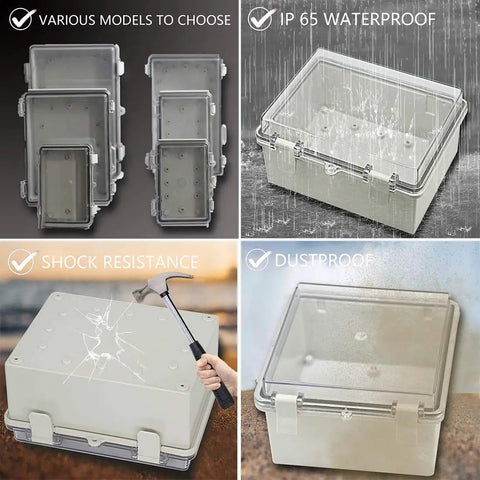 Collage showing Outdoor Waterproof Junction Box, clear cover, IP65 rating, shock resistance, dustproof, various models, mounting options.