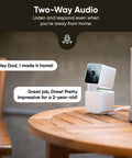 Pan Tilt 360 Degree 1080P WiFi Security Camera With Color Night Vision Outdoor Indoor IP65 Rated, shown on table with two-way audio feature.