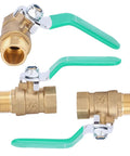 Top Shelf One Half Inch Premium Brass Ball Valve For Hot And Cold Water Piping Systems Built Damn Tough For Indoor Natural Gas And No Fuss DIY Home Upgrades Corrosion Resistant Quick Shut Off Design, showcasing three brass valves with green handles.