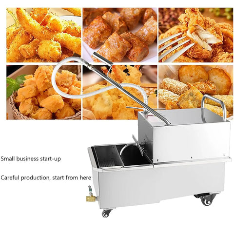 Commercial Mobile Deep Fryer Oil Filter Cart With Rolling Wheels, Heavy Duty Cooking Oil Separator Filtration Machine For Restaurant And Supermarket Use 65 Gallon Capacity Fast Filtering System with food images in background.
