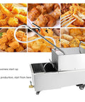 Commercial Oil Filter Machine 48L Capacity With Wheels For Restaurant Kitchen next to assorted fried foods, showing grease strainer pump system.