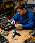 Technician with Attachment Kit For Drill With High Torque Pop Rivet Head, Electric Rivet Tool for metal fastening on workbench