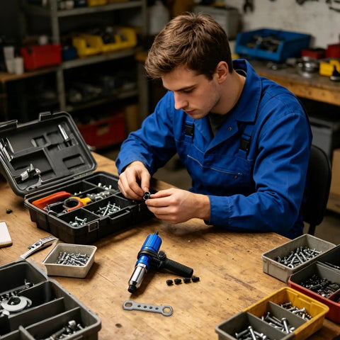 Technician with Attachment Kit For Drill With High Torque Pop Rivet Head, Electric Rivet Tool for metal fastening on workbench