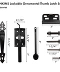 Heavy Duty Thumb Gate Latch Kit With 8 Inch Decorative Handle For Wooden Fences And Gates Self Closing Outdoor Gate Lock For Wood Metal Vinyl Pool And Garden In Black Finish, includes handle, latch, and screws with measurements.