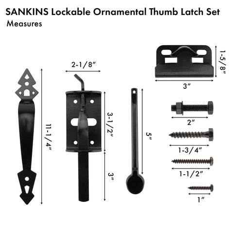 Heavy Duty Thumb Gate Latch Kit With 8 Inch Decorative Handle For Wooden Fences And Gates Self Closing Outdoor Gate Lock For Wood Metal Vinyl Pool And Garden In Black Finish, includes handle, latch, and screws with measurements.