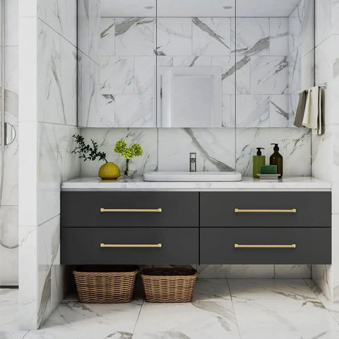 Sleek Gold Cabinet Pulls And Zinc Alloy Handles Set Of 6 For Kitchen Drawers on modern bathroom cabinetry with stone countertop.