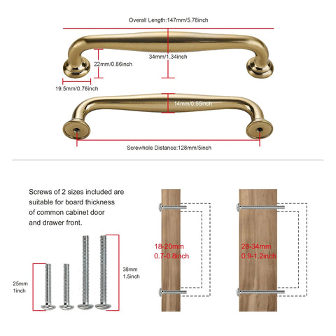 10 Pack Cabinet Handles Set 5 Inch 128mm Screw Spacing Champagne Bronze Solid Zinc Alloy Furniture Pulls dimensions and screws diagram