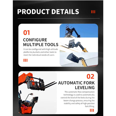 Versatile Telescopic Handler With Quick Attach System And Enclosed Brake For Warehouses Farms Or Industrial Job Sites showing tool configuration and automatic fork leveling.