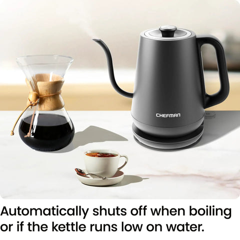 Gooseneck Electric Kettle 0.8L Fast Boil For Pour Over Coffee And Tea With One Touch Operation Auto Shut Off Boil Dry Protection Ultra Fast Hot Water Black Kitchen Essential on counter next to coffee and cup.