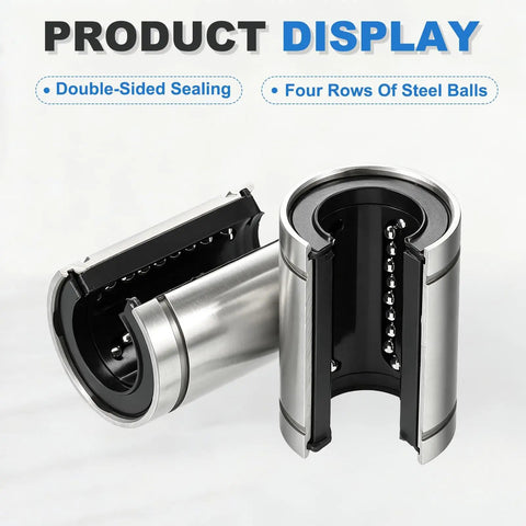 LM12UUOP Open Type Linear Ball Bearings 12mm Bore 21mm OD 2 Pack close-up showing double-sealed design and four rows of steel balls.